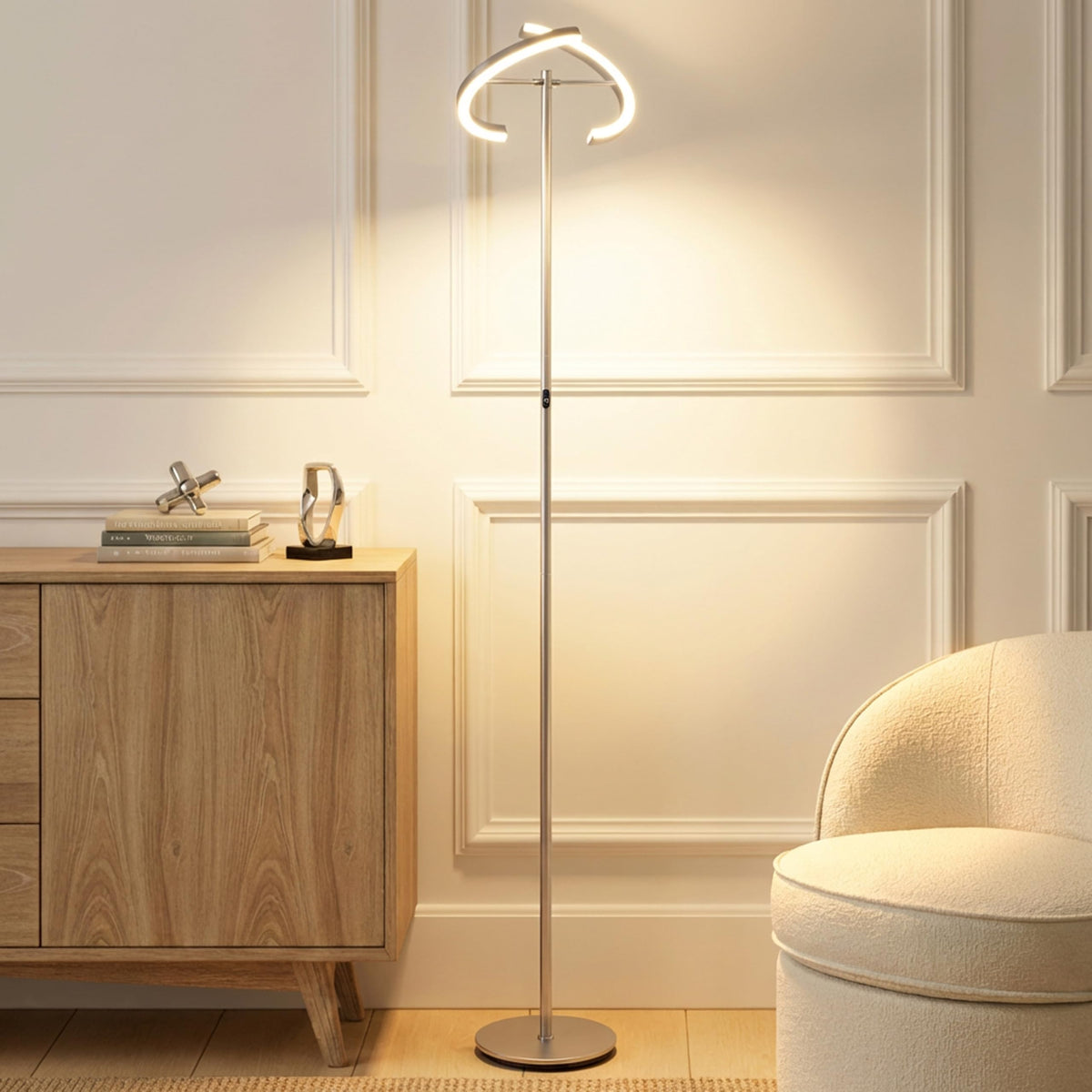 Brightech Halo Split Floor Lamp, Modern Bright LED Torchiere Floor Lamp for Offices - Dimmable, Tall Standing Lamp for Living Room or Bedroom - Adjustable Light w/Rotating Angles - Platinum Silver