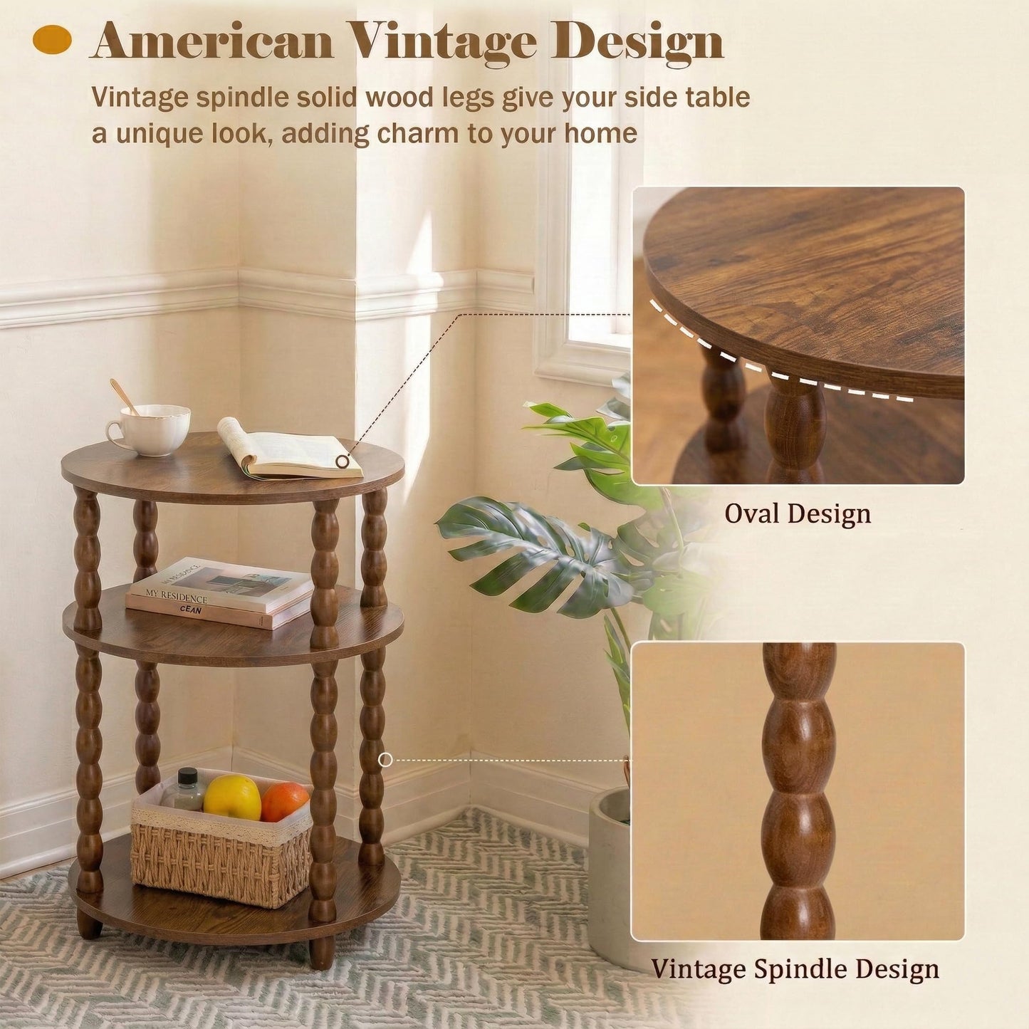 3-Tier Oval Side Table with Solid Wood Legs, Small End Table with Storage Shelves for Living Room Bedroom, Modern Night Stand Accent Table for Small Spaces, Easy Assembly