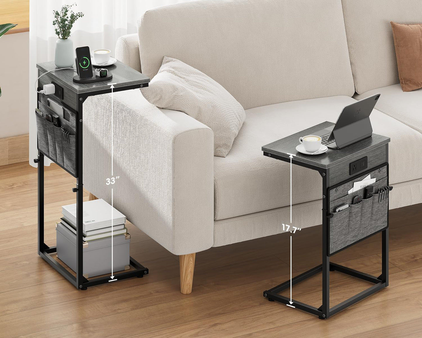 Vagusicc C Shaped End Table with Charging Station, 33" Tall Side Table for Couch, Sofa Table Adjustable Height Couch Side C Table, Slide Under Sofa Tray Table for Living Room Bedroom, Gray Walnut