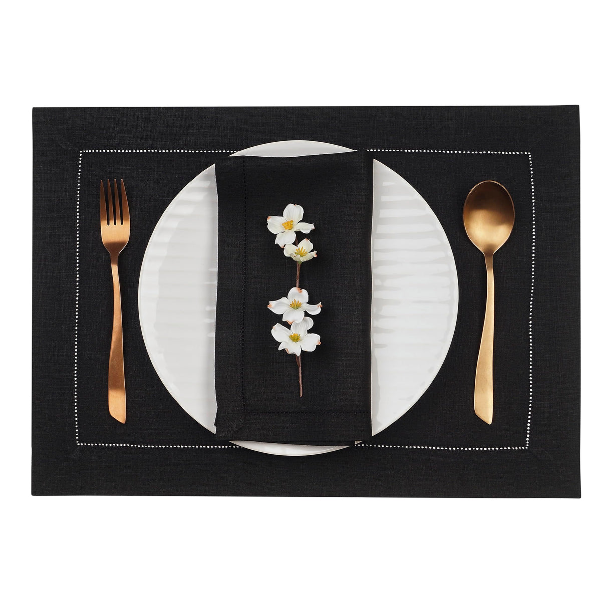 D’Moksha Homes Value Pack - Black Linen Table Runner and Placemats Set: 1 Linen Table Runner (14 x 36 Inch) and 4 Linen Placemats (14 x 19 inch); 5 pcs in Total; 100% Pure European Linen