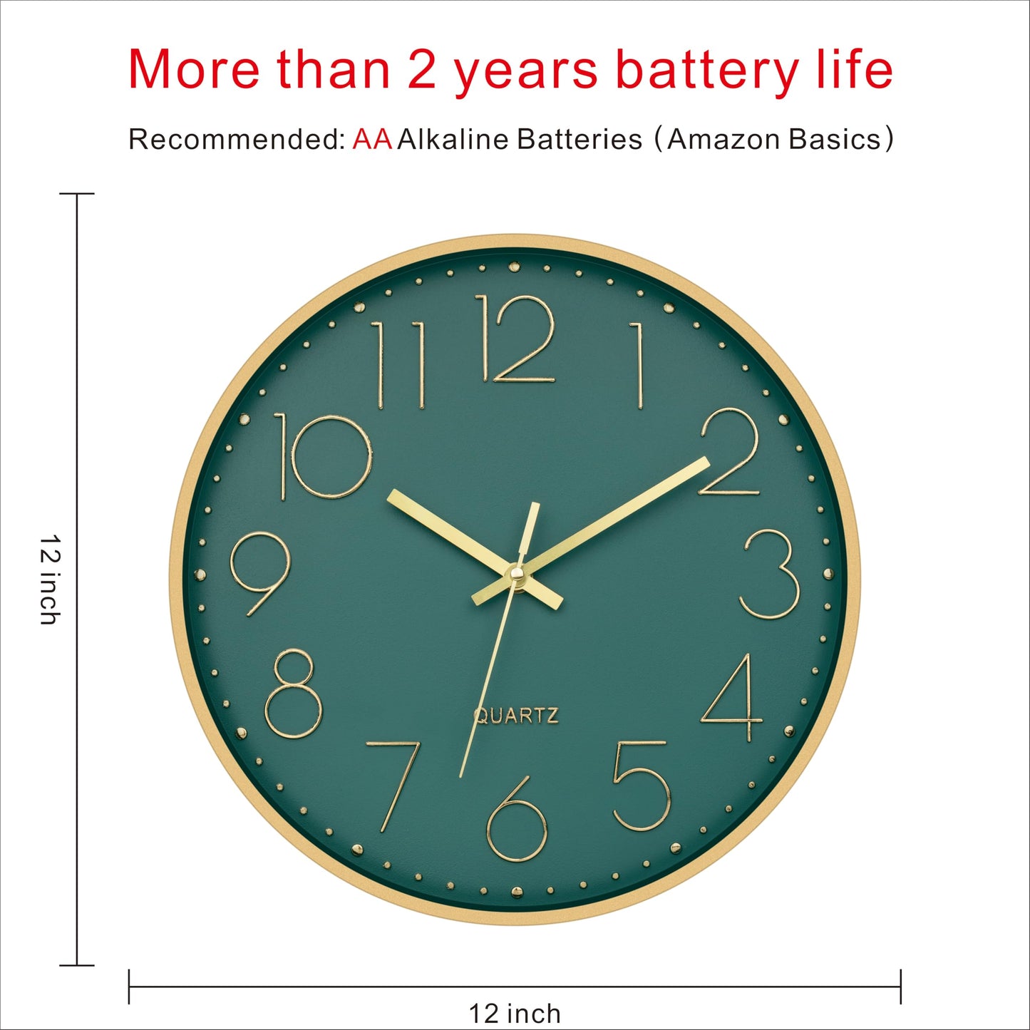 Foxtop Modern Wall Clock 12 Inch Silent Non Ticking Battery Operated Round Quartz Gold Wall Clock for Living Room Bedroom Kitchen Office Classroom Decor (Dark Green Dial)