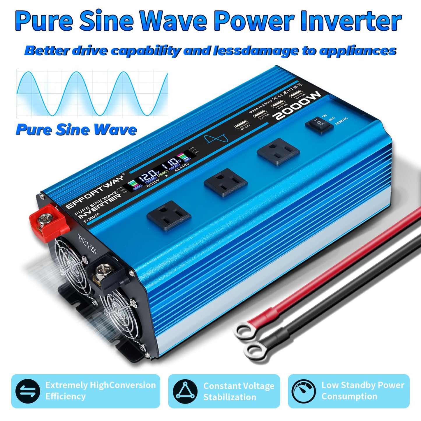 2000W Pure sine Wave Inverter 4000W (Peak) DC 12V to AC 110V/120V Converter with LCD Display Wireless/Wired Remote Control 3AC Outlets and 4USB for Camping RV Travel Off-Grid Solar Systems