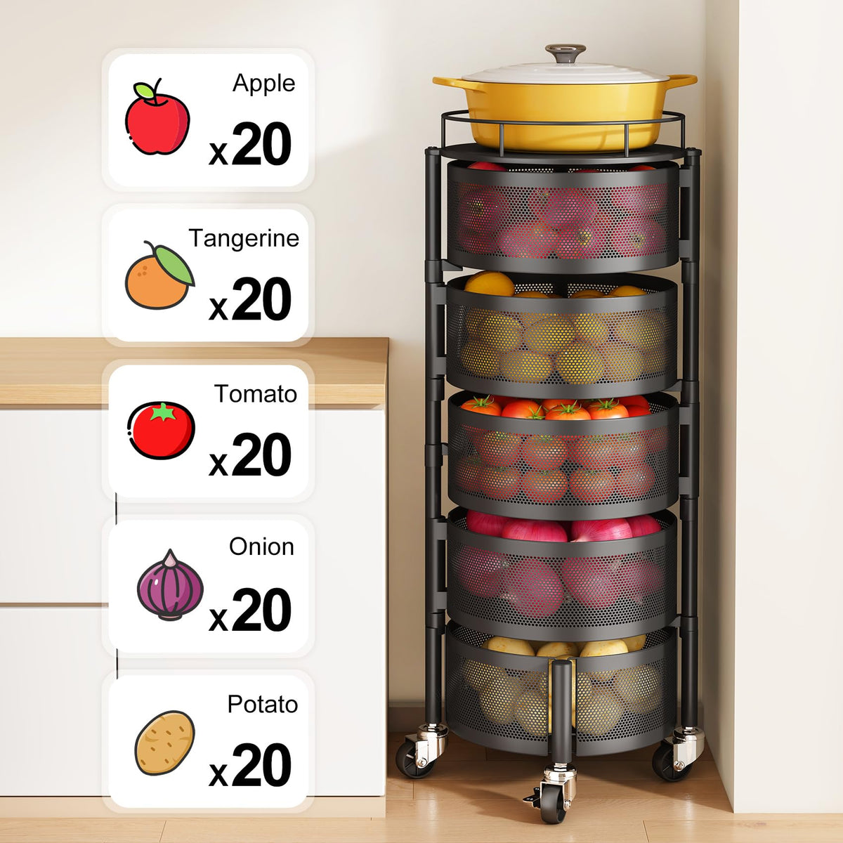 SNTD Fruit and Vegetable Basket Bowls for Kitchen with Metal Top Lid, 5 Tier Rotating Storage Rack Cart for Potato Onion Bread Banana, Wire Basket Organizer on Wheels, Large, Black