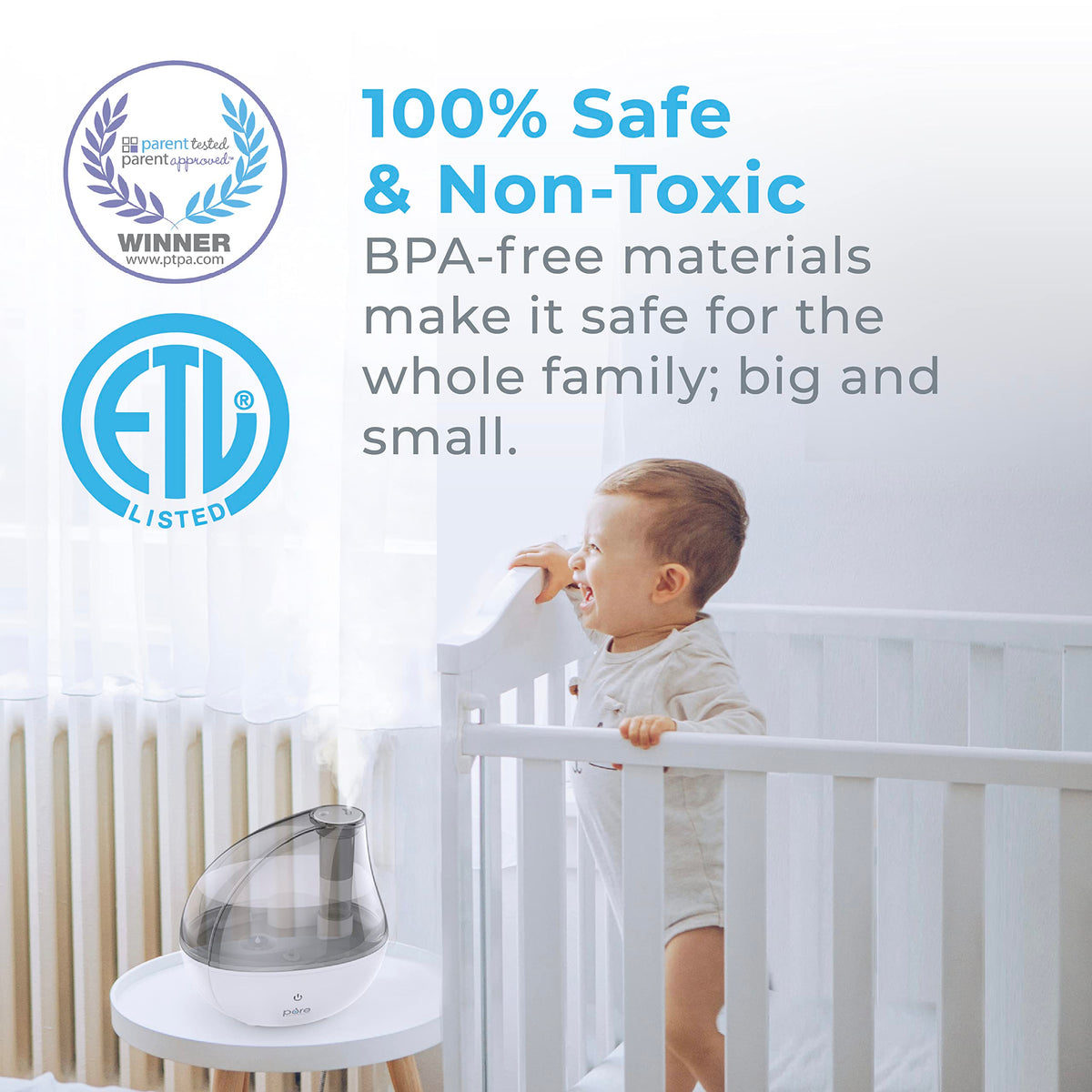 Pure Enrichment MistAire Silver Ultrasonic Cool Mist Humidifier for Bedroom, Office, Nursery & Indoor Plants - Lasts Up to 25 Hours, Whisper-Quiet Operation, Optional Night Light, & Auto Shut-Off