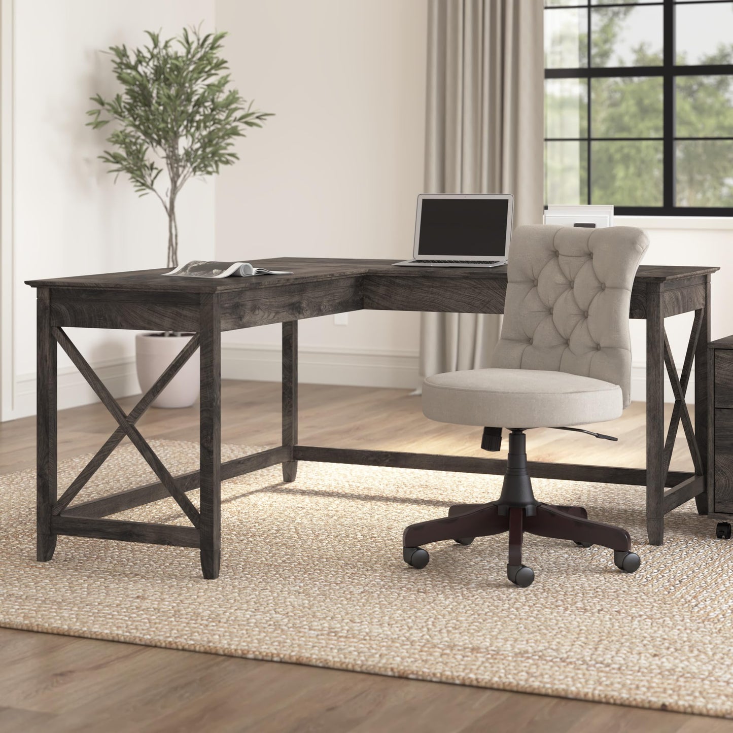 Bush Home Key West 60W Modern Farmhouse L Shaped Desk in Dark Gray Hickory, 60-Inch Corner Computer Table for Home Office Workspace
