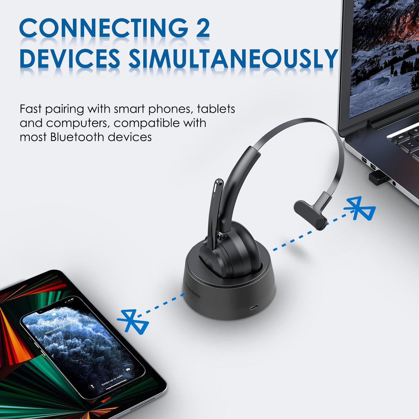 Mopchnic Bluetooth Headset, Wireless Headphone with AI Noise-Canceling Microphone On Ear Wireless Headset with USB Dongle for Computer Office