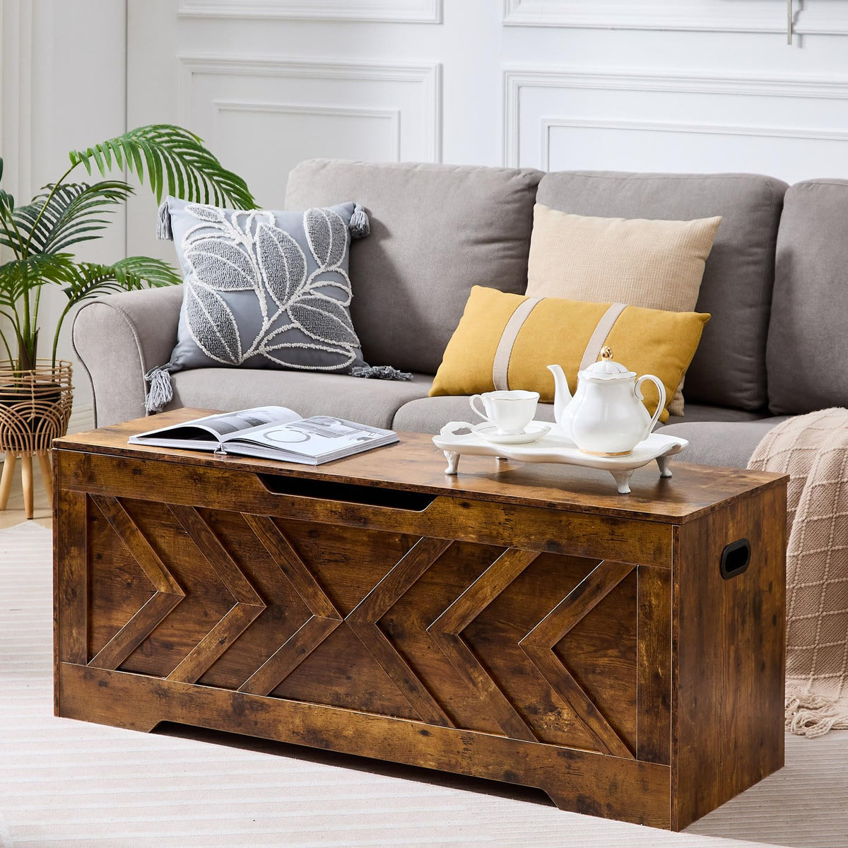 XDliv 47.2” Storage Bench,Extra Large Wooden Storage Chest with 2 Safety Hinges,entryway Bench,Blanket Storage,Shoe Storage Bench for Entryway,Bedroom,Living Room,Easy Assembly.-Rustic Brown