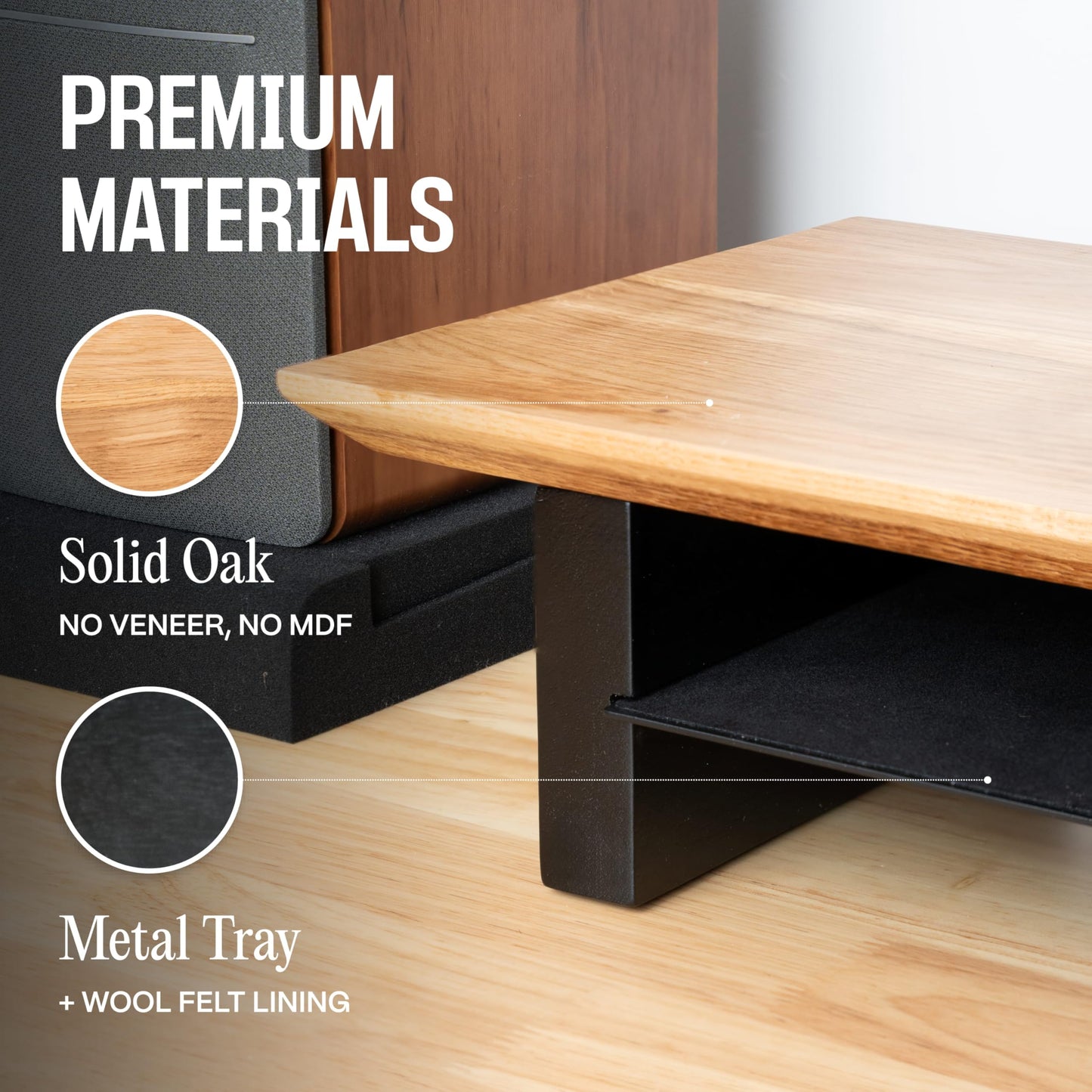 COREMINDED Solid Wood Dual Monitor Stand Riser – 43" Oak Desk Shelf for 2 Monitors with Tray & Wool Felt, Organizer for Desktop, Laptop and Office (Solid Oak)