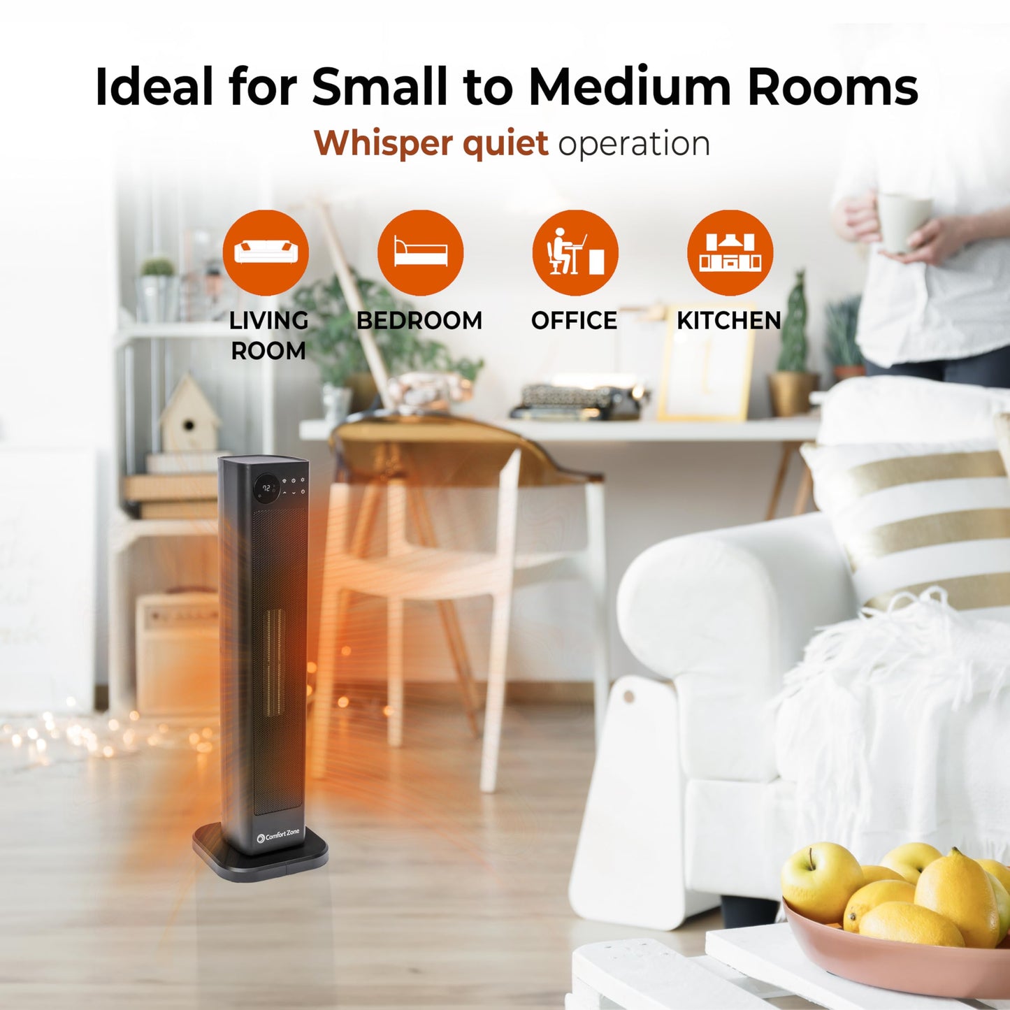 Comfort Zone 30-Inch Oscillating Tower Space Heater with Remote Control – 1500W High Velocity Ceramic Heater, Digital LCD Thermostat, 12-Hour Timer, ECO Mode, Safety Tip-Over & Overheat Protection