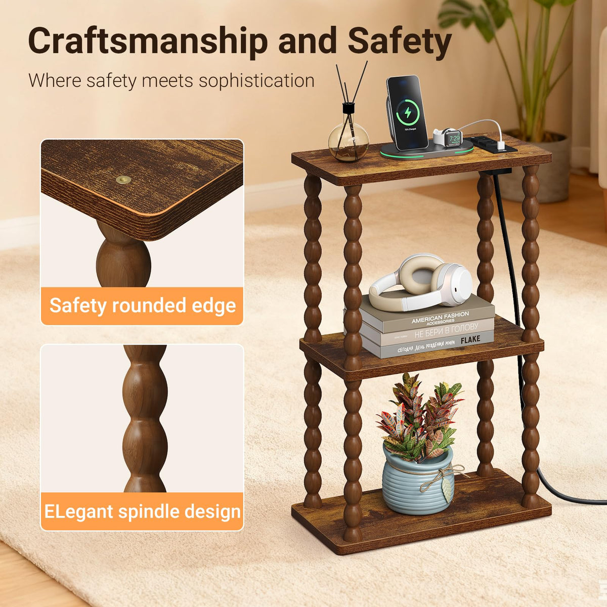 ELYKEN Side Table with Charging Station, Small End Tables Living Room with USB Port and Outlet, 3-Tier Narrow Bedside Table Nightstands for Bedroom, Rustic Brown