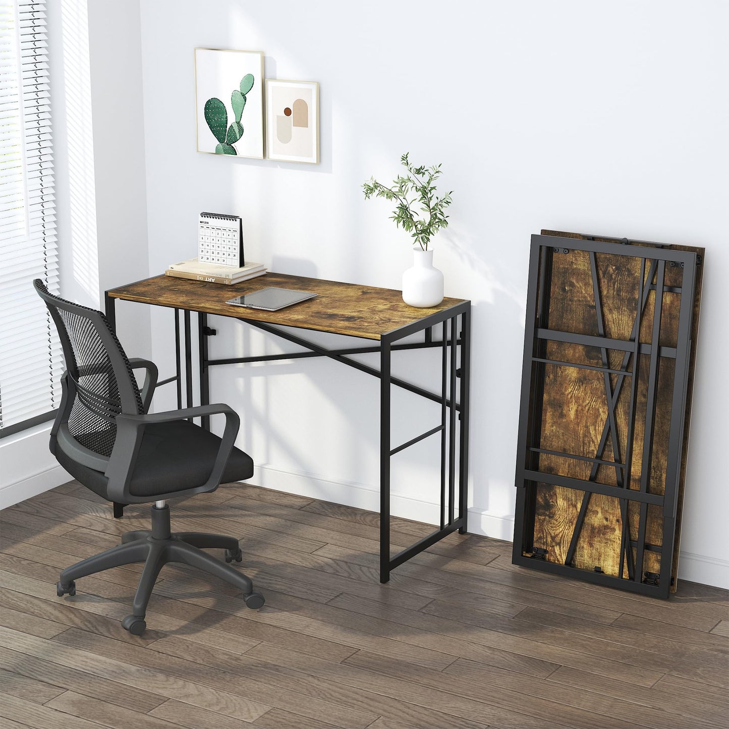 Lutown-Teen 40 inch Folding Computer Desk, Writing Gaming Computer Camping Desk, No Assembly Required Home Office Table, Rustic Brown