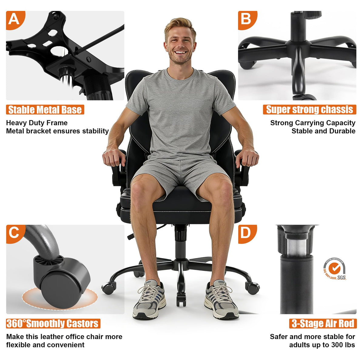 Ergonomic Office Chair with Flip-up Armrests 300lbs,Middle-Tall Computer Office Desk Chair with Lumbar Support,Executive Leather Chair with Rocking Function Adjustable Height for Home Office