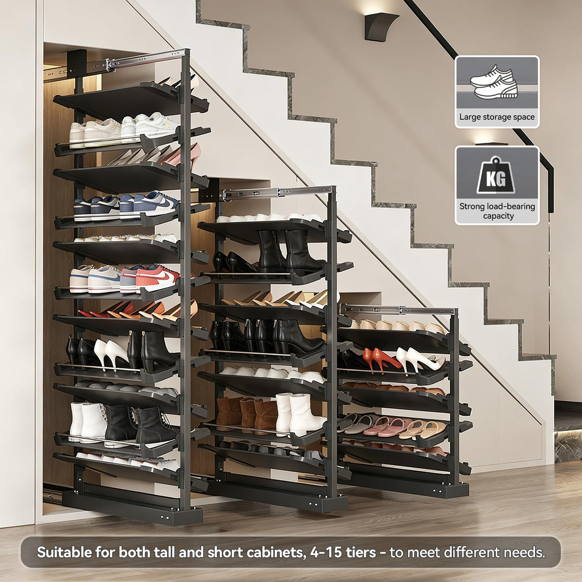 4-15 Tier Cabinet Pull Out Shoe Rack, Adjustable Vertical Shoe Organizer for Closet and Wardrobe Cabinet, Heavy Duty Slide Out Shoe Storage System, Under Stairs Storage, Fits Depth 17.7"-34.3"