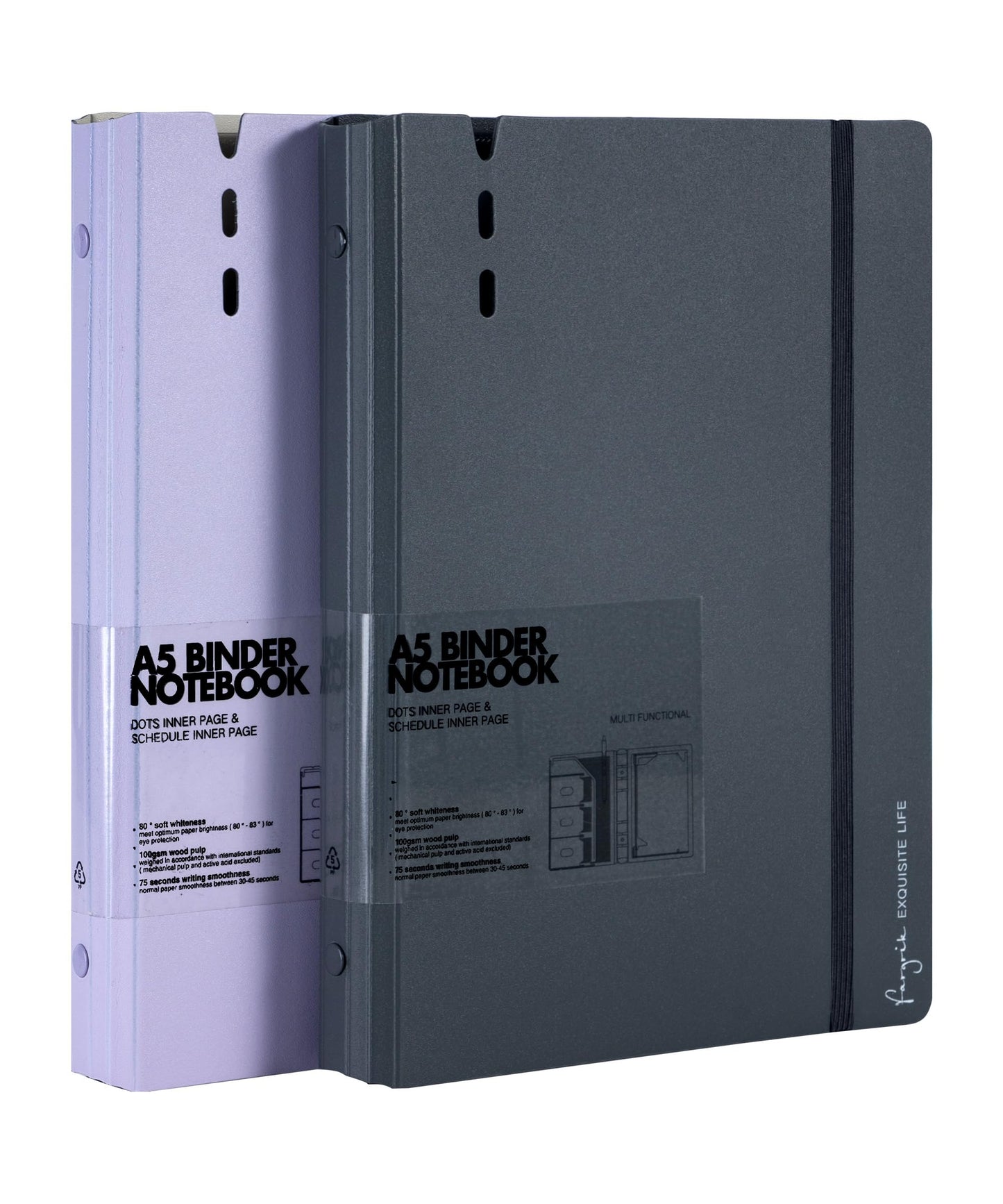 CAGIE A5 Binder 6 Ring Notebook with Dividers Refillable Planner Binder with Pockets, Refill Paper Include Planning Square Ruled and Dotted Pages, 6.89 x 9.25 in, (Grey and Purple, A5 Daily&Dot Page)