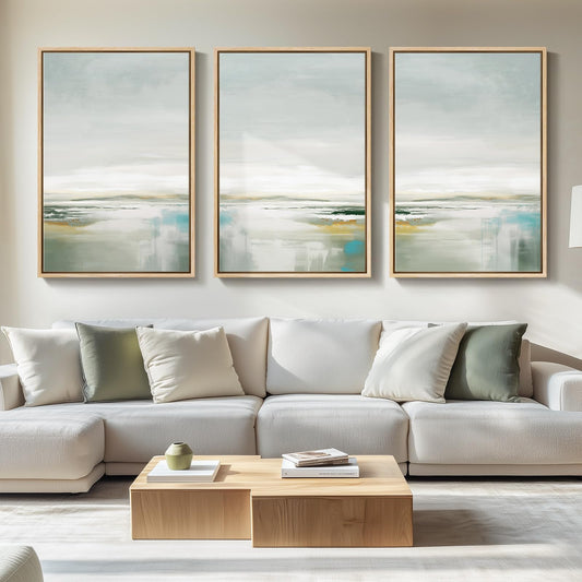 Large Framed Green Abstract Landscape Wall Art for Living Room, 3 Piece Canvas Prints Paintings Artwork for Walls, Modern Minimalist Pictures for Dining Room, Hallway, Office Wall Decor 24x36 In