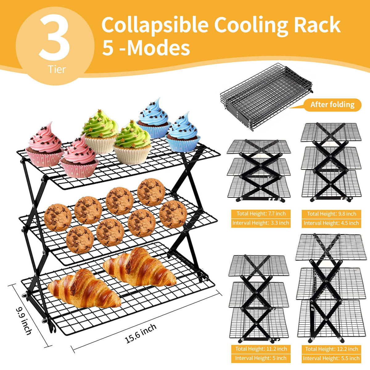 ZESHIHAOGUO 3-Tier Collapsible Cooling Rack with 3-Setting Design, Heavy-Duty Steel Baking Rack for Oven Safe Cooking & Space-Saving Storage
