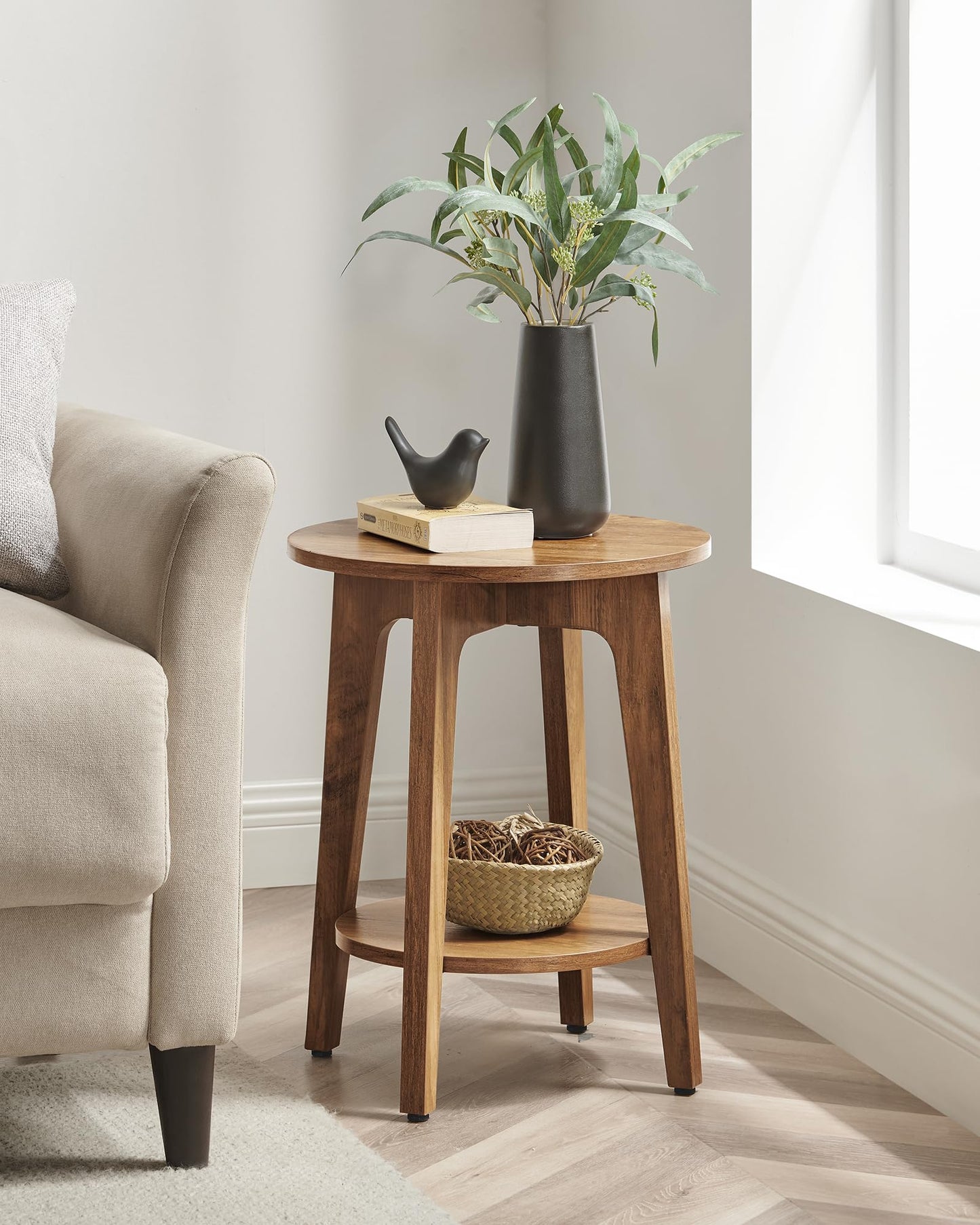 VASAGLE MAEZO Collection - Side Table, 2-Tier Small Round End Table, Nightstand with Tapered Legs, Curved Transitions, for Small Spaces, Living Room, Bedroom, Honey Brown ULET283T41