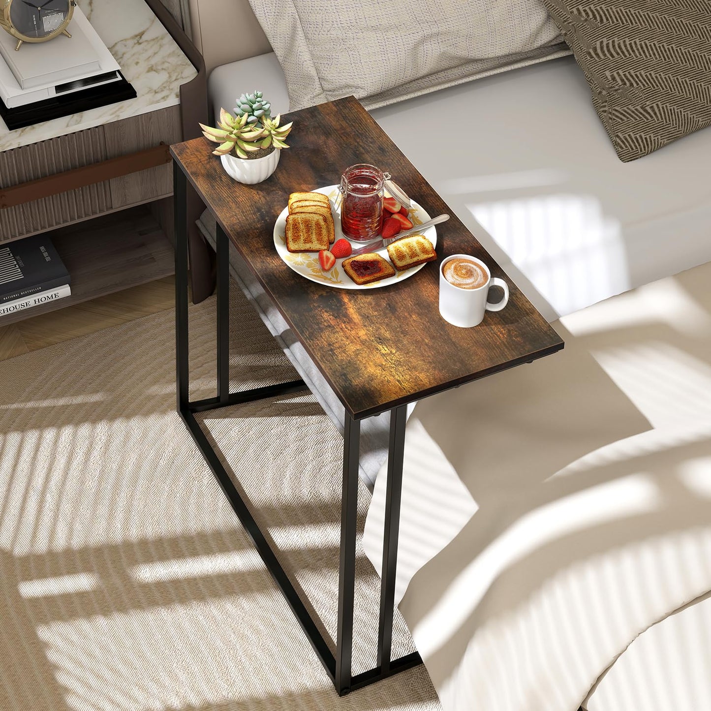 CAMOAT C-Shaped Side Table, Modern End Table with Metal Frame, Space Saving Design for Living Room，Large Surface Couch Table for Bedroom, and Home Office，24 x 12 x 24 inches (Brown)