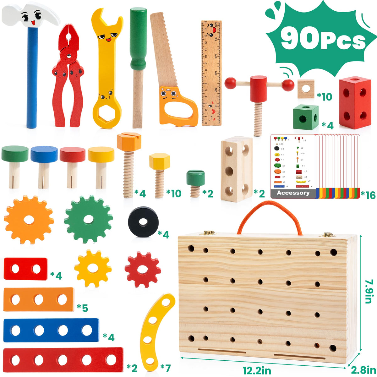 WOOOMAM Kids Tool Set, 90 PCS Wooden Toddler Tool Set with Box and Flash Cards, Tool Kit for Kids Age 3-5 Years, Toddler Boy Toys, FSC Certified Material