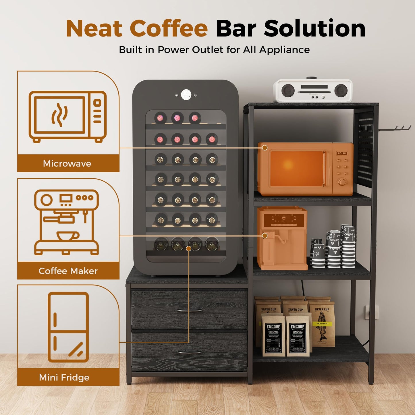 PyroLog Mini Fridge Stand with Adjustable Shelf, Power Outlet & Storage, Kitchen Organizer for Microwave, Coffee Bar, Dorm, Office (Black)