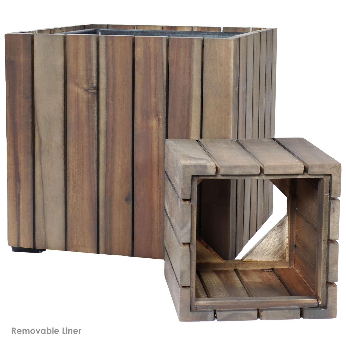 Sunnydaze Indoor/Outdoor Wooden Planter Boxes - 2 Acacia Wood Square Plant Pots with Plastic Liners - Anthracite Stain