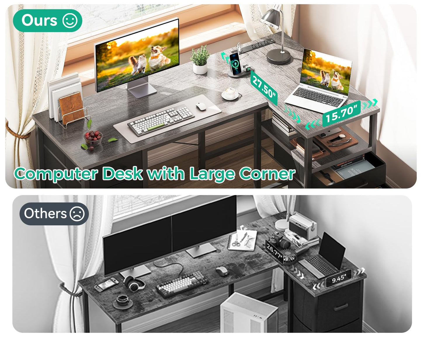 Coleshome L Shaped Computer Desk with 6 Drawers & Power Outlet, 55 Inch Corner Desk with Reversible Storage Shelf & File Drawer, Home Office Desk, Grey Oak