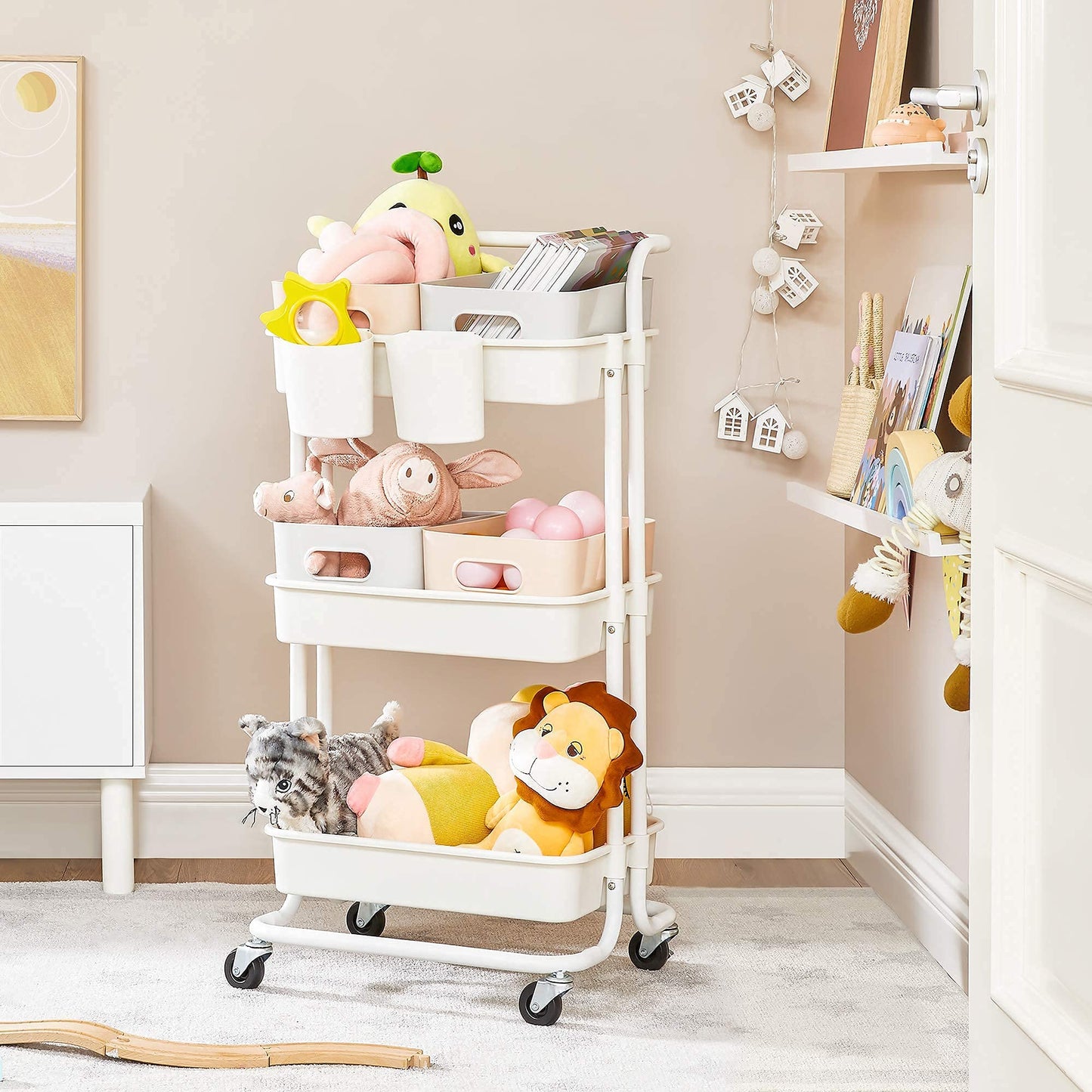 SONGMICS Rolling Cart, 3-Tier Storage Cart, Storage Trolley with Handle 2 Small Organizers, Steel Frame, Plastic Baskets, Utility Cart, Easy Assembly, for Bathroom Laundry Room, White UBSC067W01