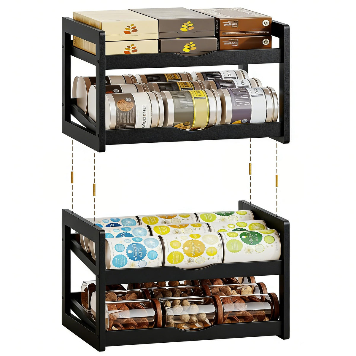 BAMBANG Can Organizer for Pantry, Detachable Bamboo 4 Tier Stackable Can Storage Rack, Rolling Soda Can Dispenser Can Holders for Cabinet, Holds Up to 48 Cans, Black
