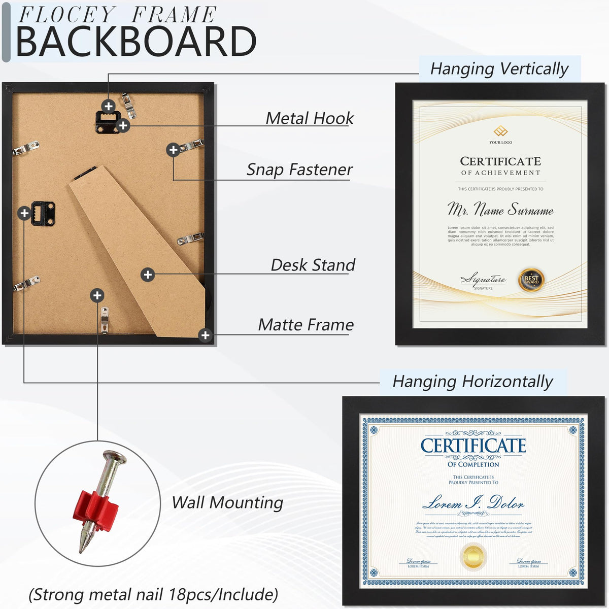 Flocey 8.5x11 Picture Frame set of 15, Multi Certificate 8.5 by 11 Picture Frames Bulk, Document Diploma Award Frame for Wall Hanging or Tabletop Display, Black
