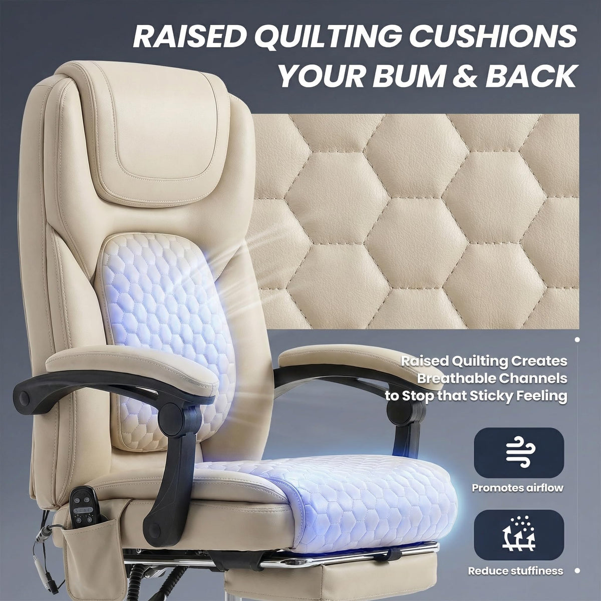 MALOL Massage Office Chair with Heat and Footrest - 3-Level 65°C Targeted Heating, 20-Min Easy Assembly Leather Desk Chair, Big and Tall Executive Computer Chair with Side Pocket, 300 lbs, Beige
