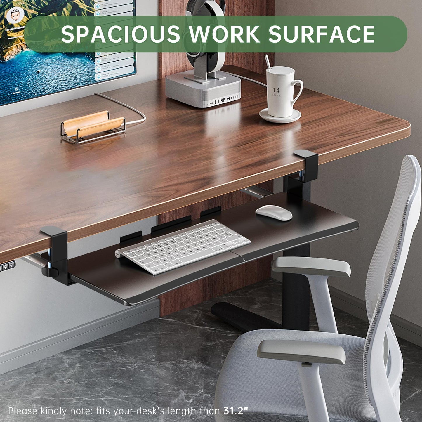 UPGRAVITY Large Keyboard Tray Under Desk - Slide Out with Sturdy C-Clip Mount System, 27 (31.2 Including Clamps) X 11.81 Put-Out Keyboard Tray Computer Drawer for Ergonomic Typing, Black