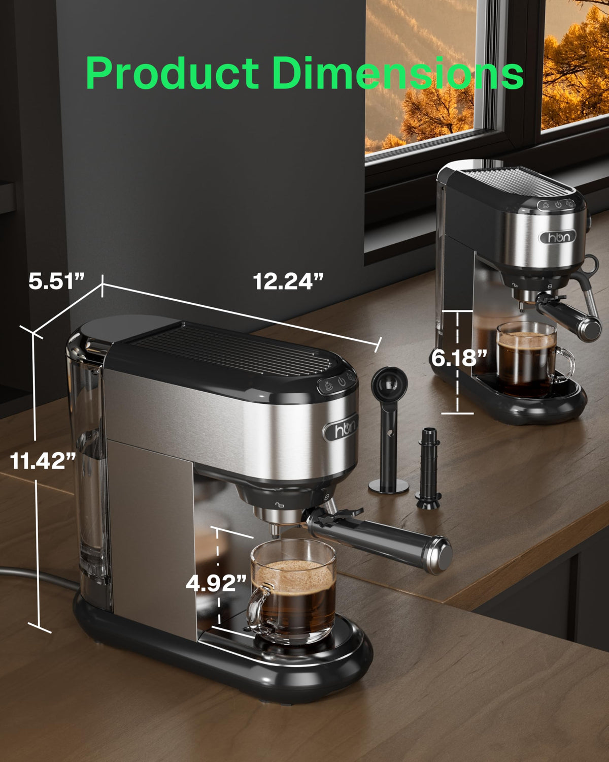 HBN 20 Bar Espresso Machine with Milk Frother, Compact Espresso Maker for Ground Coffee, Stainless Steel Coffee Machine with Steam Wand & 34oz Removable Water Tank, 1450W for Home & Office