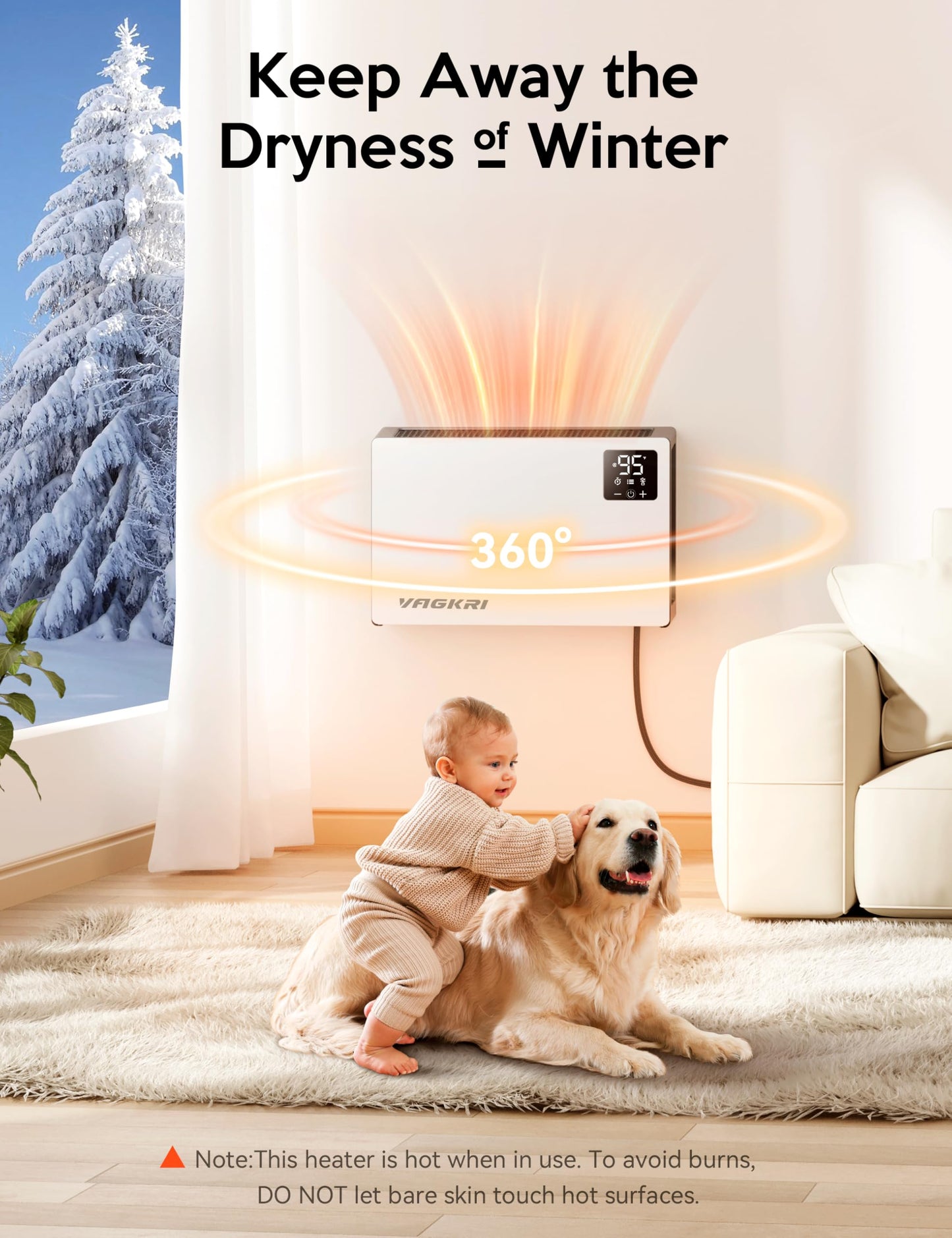 VAGKRI Quiet Electric Space Heater, Wall Mounted Heater 1500W Fast Heating with Remote, 3 Heating Modes, 24H Timer, Indoor Heaters with Stand Base for Bathroom, Bedroom, Living Room, Office