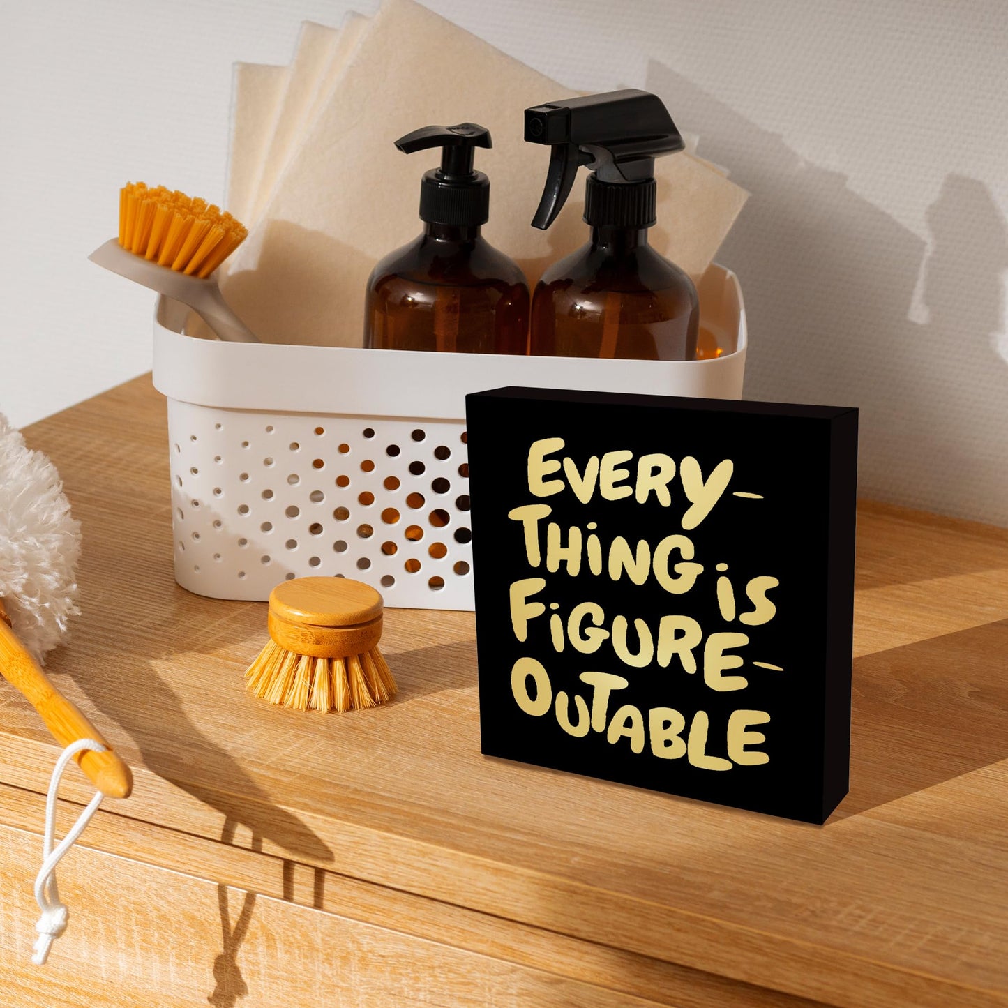CUANFDDSF Inspirational Black Gold Office Decor, Every Thing is Figure Outable Motivational Office Accessories Wooden Box Sign, Inspirational Gifts for Women, Men Wall Desk Shelf Tabletop Decoration