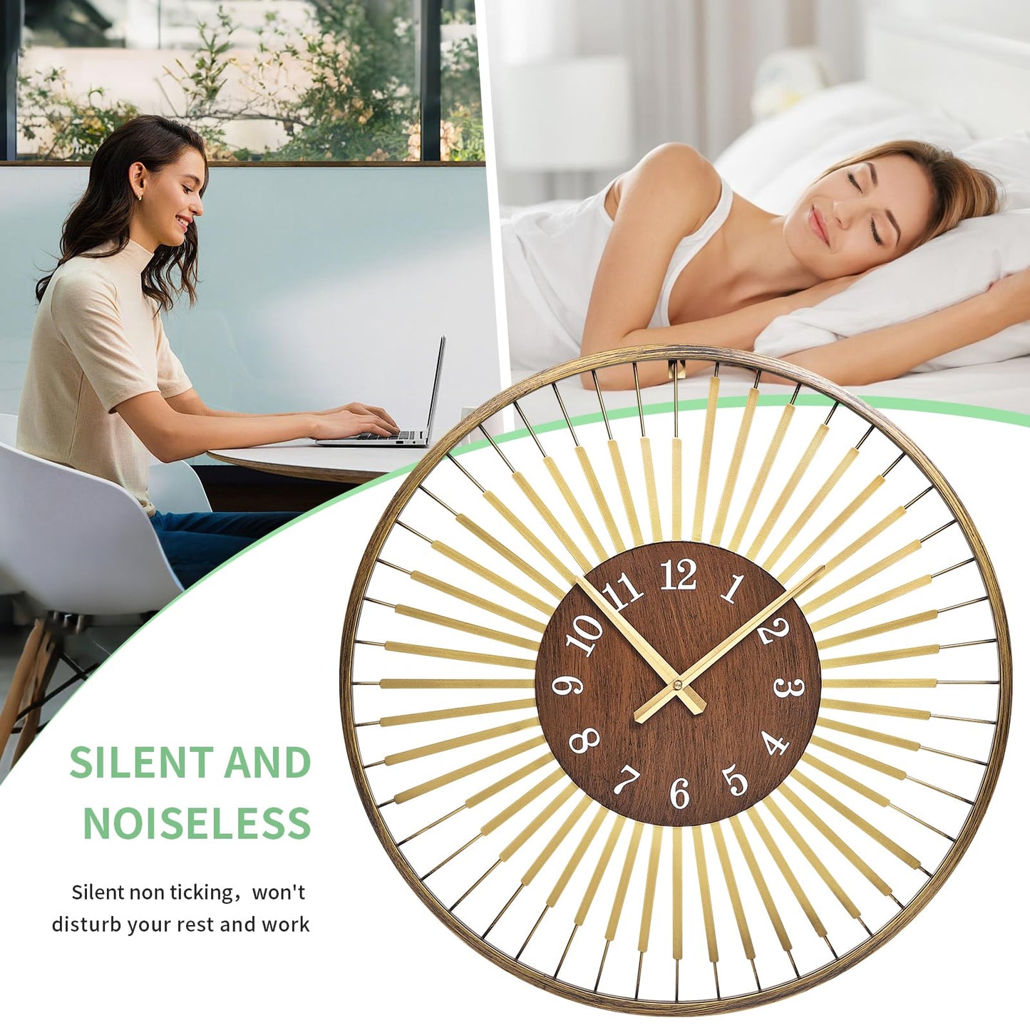 XGGJWW 24 Inch Mid-Century Modern Wall Clock, Round Frame Metal Design with Walnut Wood Center, Silent Quartz Movement, Gold-Tone Accents – Decorative Wall Clock for Living Room, Bedroom, and Office