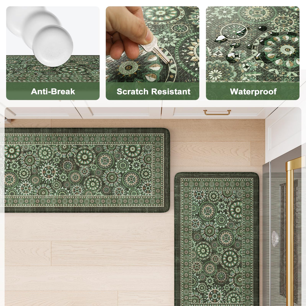 KIMODE Anti Fatigue Kitchen Mats for Floor 2 Piece Cushioned Boho Kitchen Rugs Memory Foam Kitchen Floor Mats Standing Desk Mats for Laundry Office Sink Green 17"x47"+17"x29"