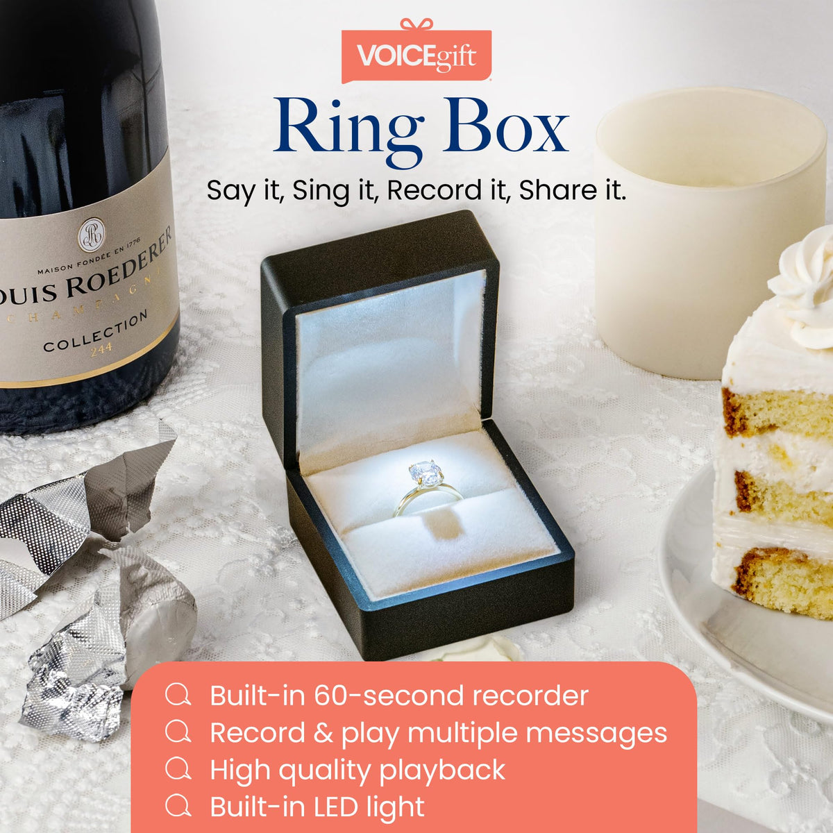 VOICEGIFT Ring Box Recordable Ring Box with LED Light, 60-Second Voice Recorder, Velvet Jewelry Gift Box for Proposal, Engagement, and Keepsake | Black