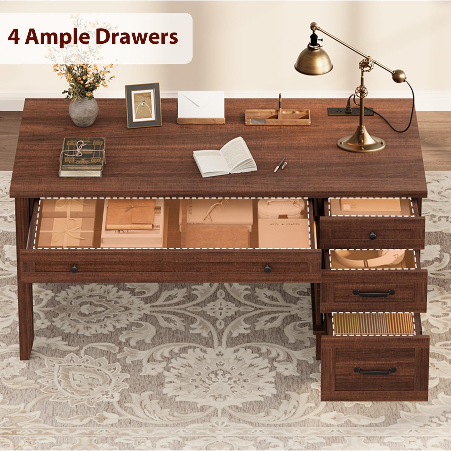 GarveeHome Executive Desk with Drawers, Farmhouse Home Office Desk with Charging Station, 53.54 in Wooden Computer Desk with File Cabinet Storage for Work Study Writing,Walunt Brown