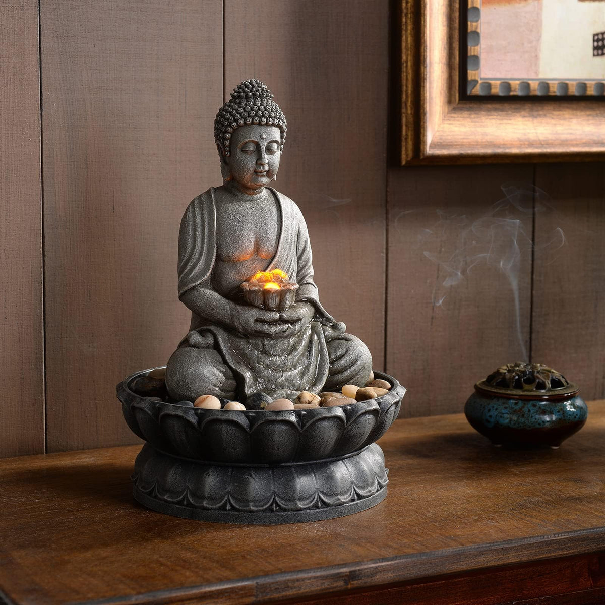 GOSSI 11.2 Inch Tall Indoor Tabletop Buddha Fountain with Reflective Lighting and Cobblestone Base, Zen Desk Water Fountain for Office and Home Decor