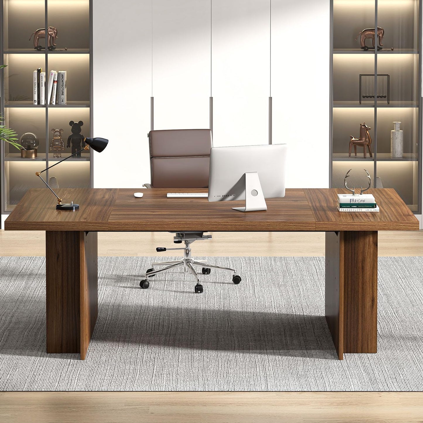 FOLUBAN 70 Inch Executive Desk, Large Computer Desk for Home Office, Long Study Writing Gaming Table for 2 Person, Modern Wood Conference Table Workstation, Rustic Walnut