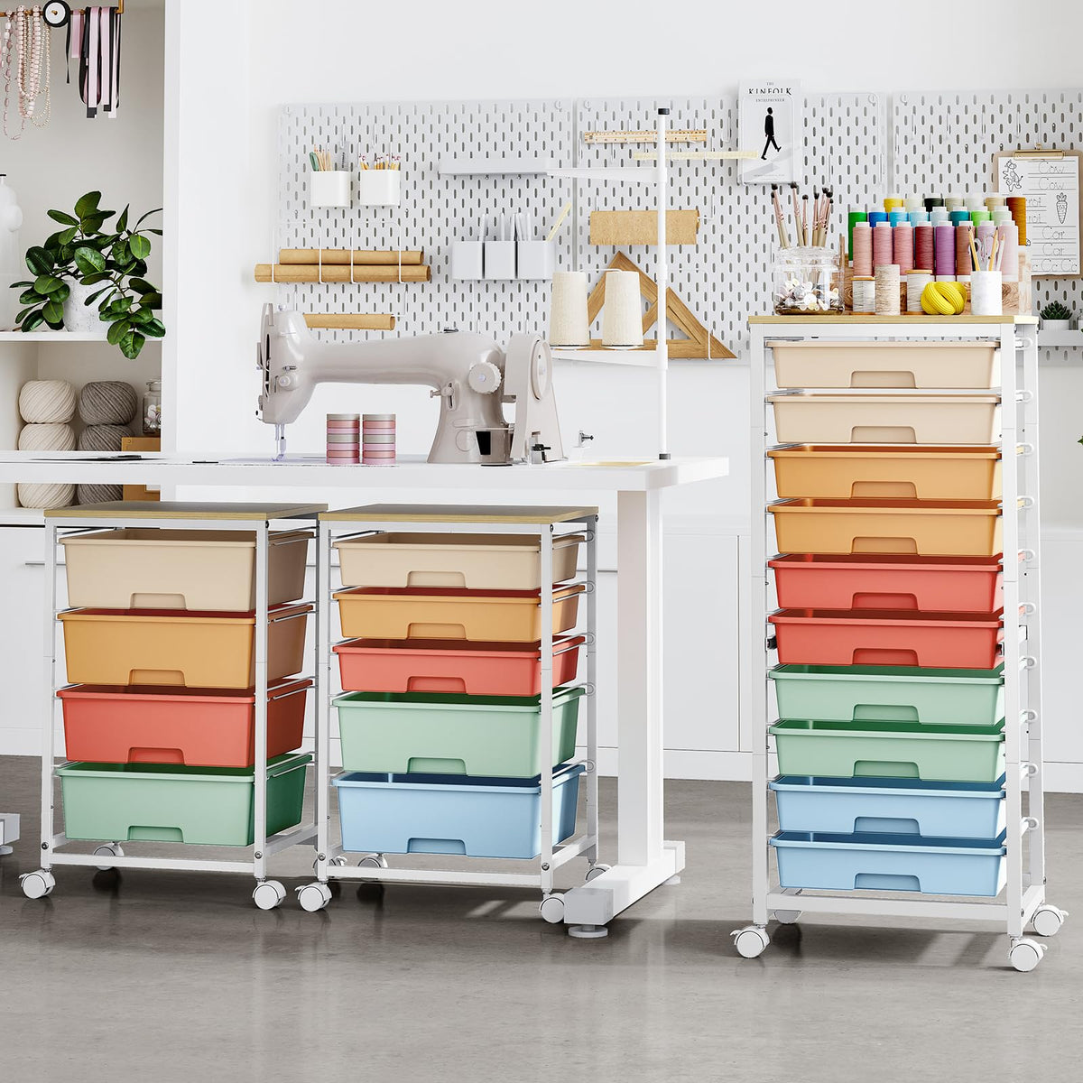 SYKIARIOL Rolling Cart with Drawers,10 Drawer Rolling Cart,Storage Cart with Wheels,Utility Cart with Drawers,Teacher Cart for Classroom Storage,Craft Cart with Wheels and Wooden Tabletop,Rainbow