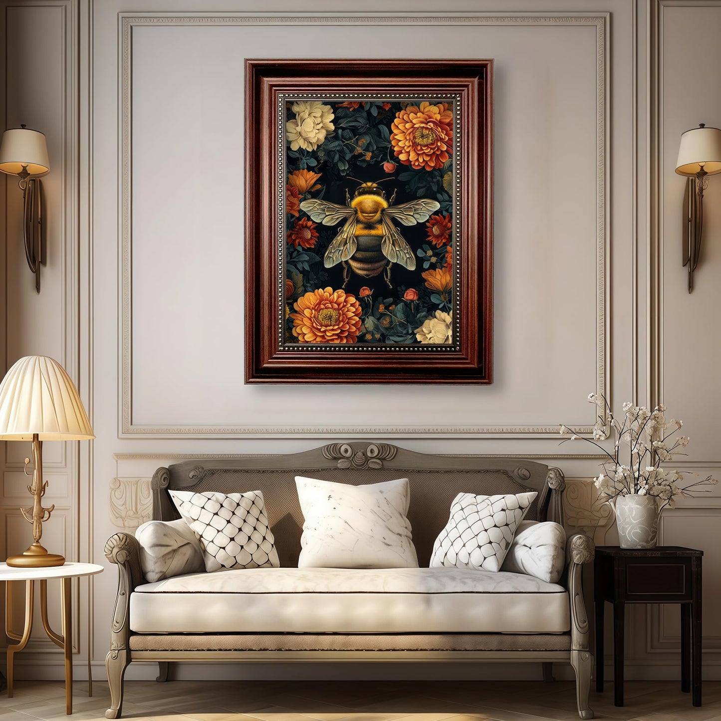 Framed William Morris Bee Canvas Wall Art Retro Mid Century Country Insect Wall Decor Pictures Dark Academia Botanical Floral Poster Prints for Office Living Room Bedroom Home Decoration 12x16in