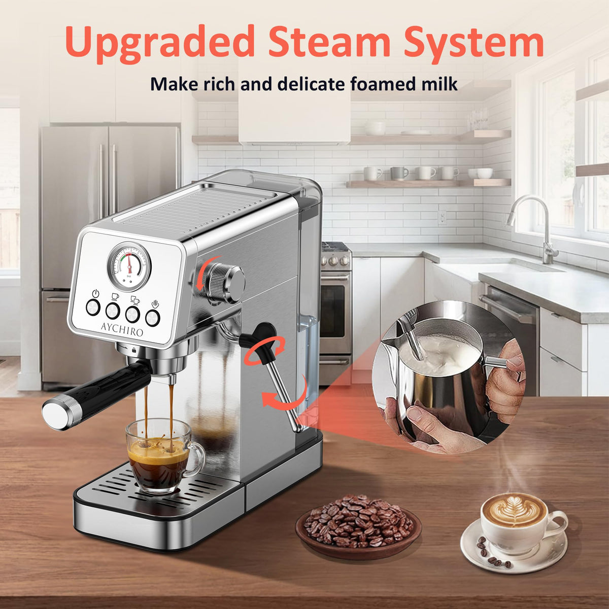 AYCHIRO 20 Bar Semi-Automatic Espresso Machine, Adjustable Espresso Machine with Pressure Gauge, Compact Espresso Maker with Steam Wand, Cup Warmer for Home & Office