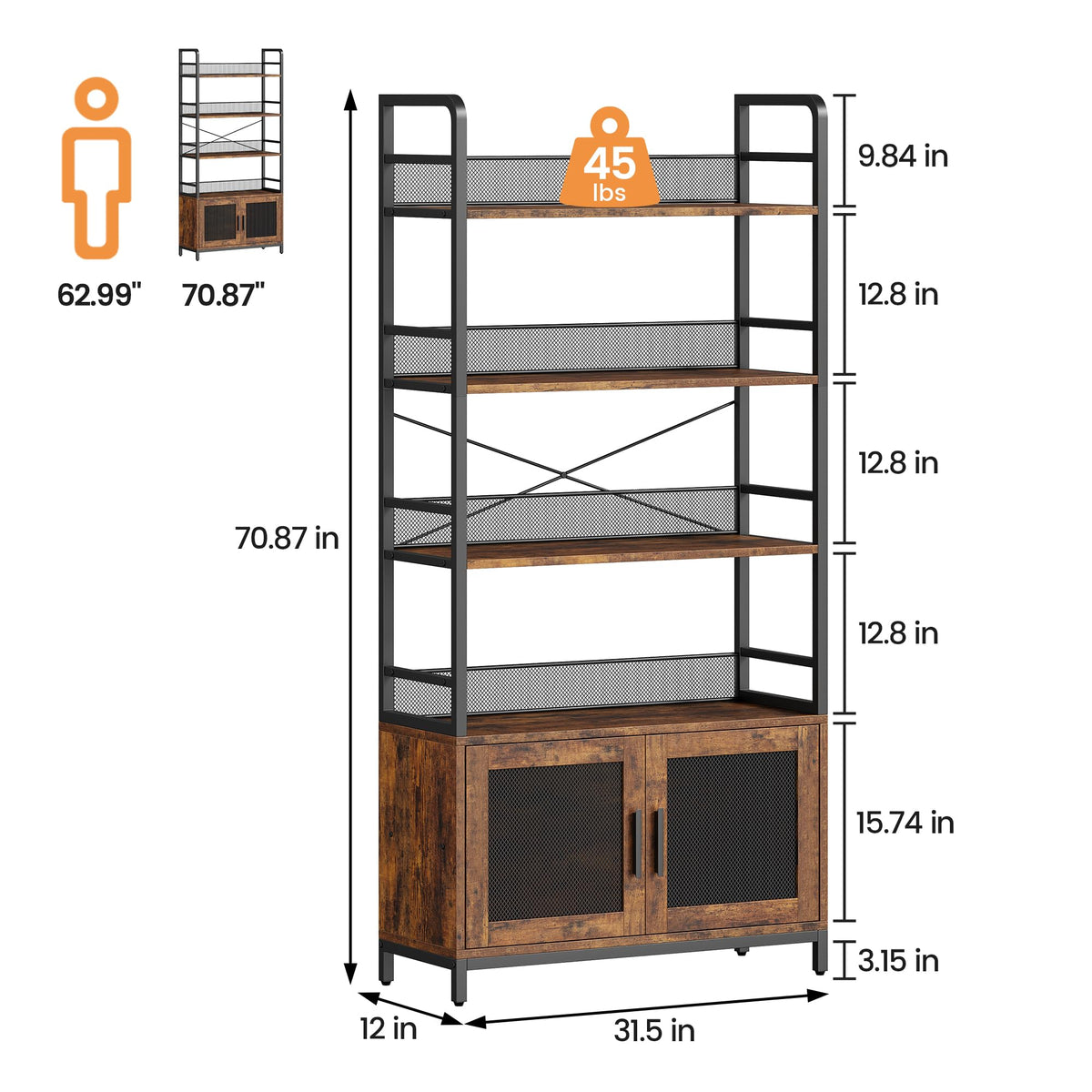 GarveeHome Bookshelf with Doors Industrial Bookcase with 4 Tiers Open Storage Shelf 70.87 in Tall Bookshelves Rustic Display Rack Cabinet for Bedroom, Living Room, Home Office, Brown