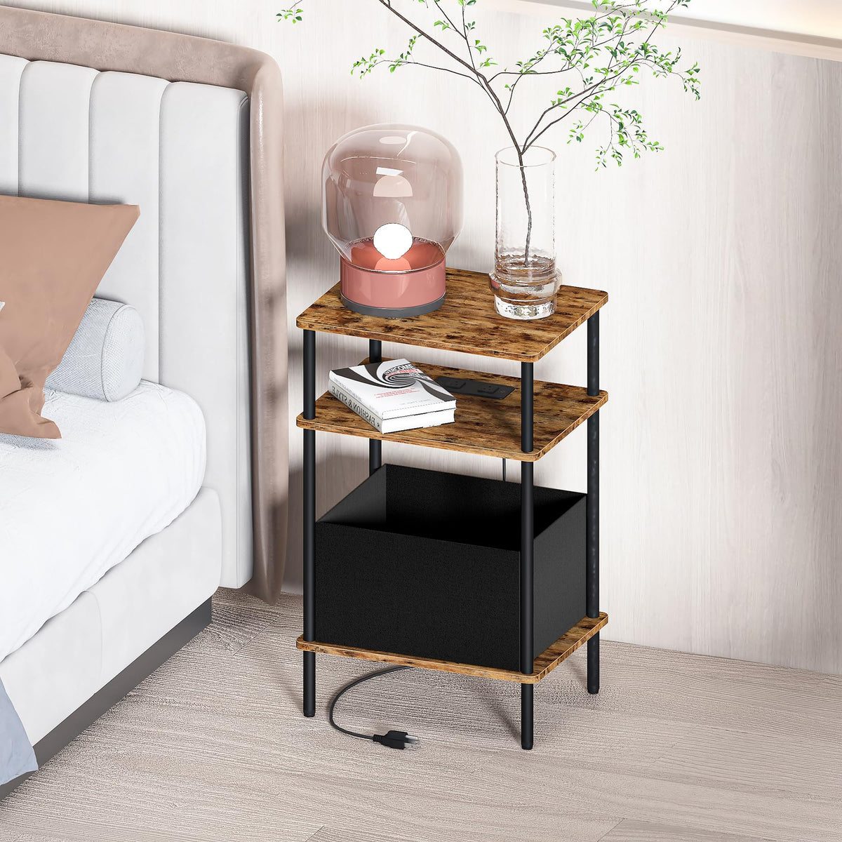 Newmics Small Side Table with Charging Station, Set of 2 End Table for Small Spaces, Slim Nightstand with Outlet,Sofa Beside Table,Living Room, Bed Room, Rustic Brown