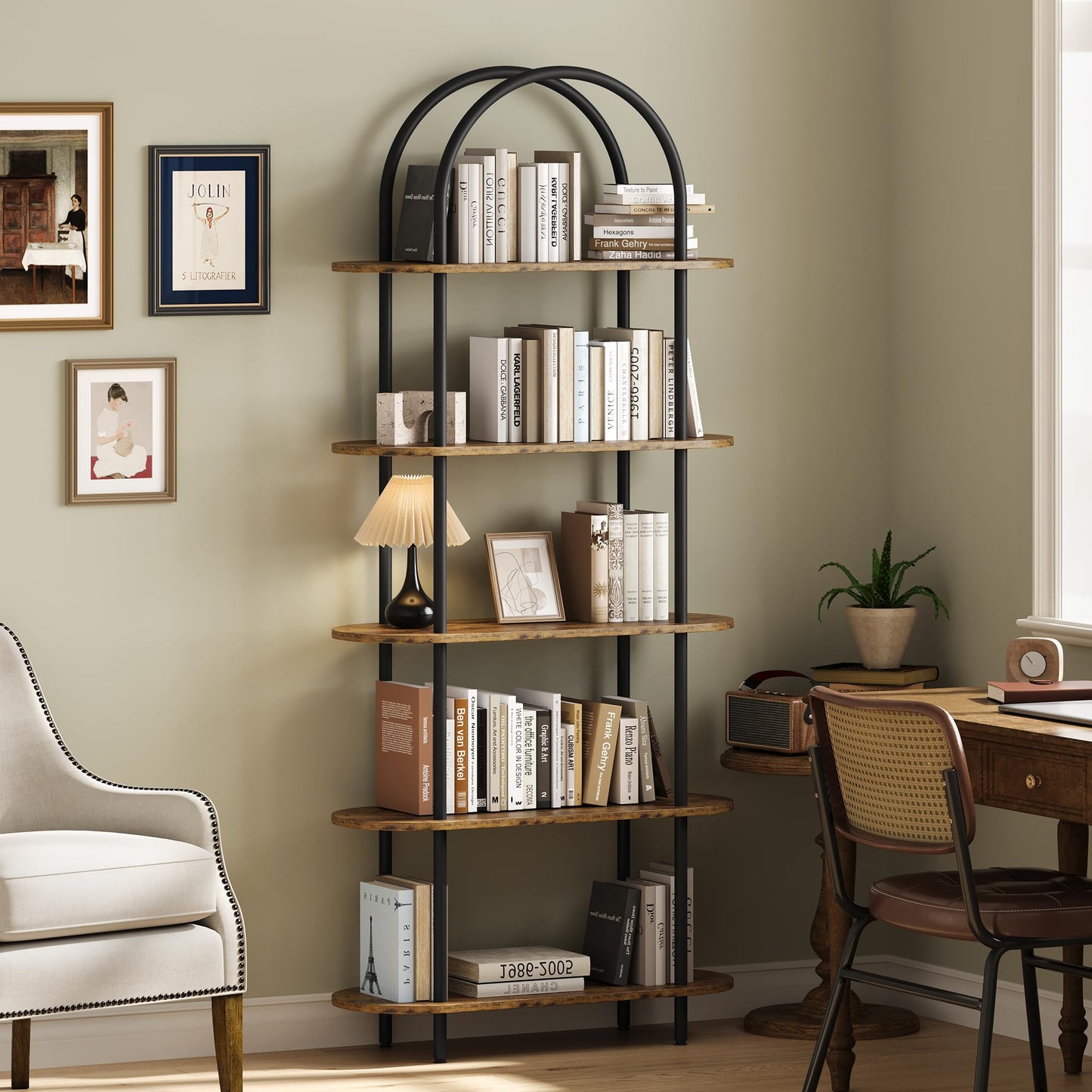 MilleLoom 71" Arched Bookshelf, 5 Tier Freestanding Open Bookcase with Sturdy Metal Frame, Modern Display Rack and Plant Shelf for Bedroom, Living Room, Home Office, Black and Retro