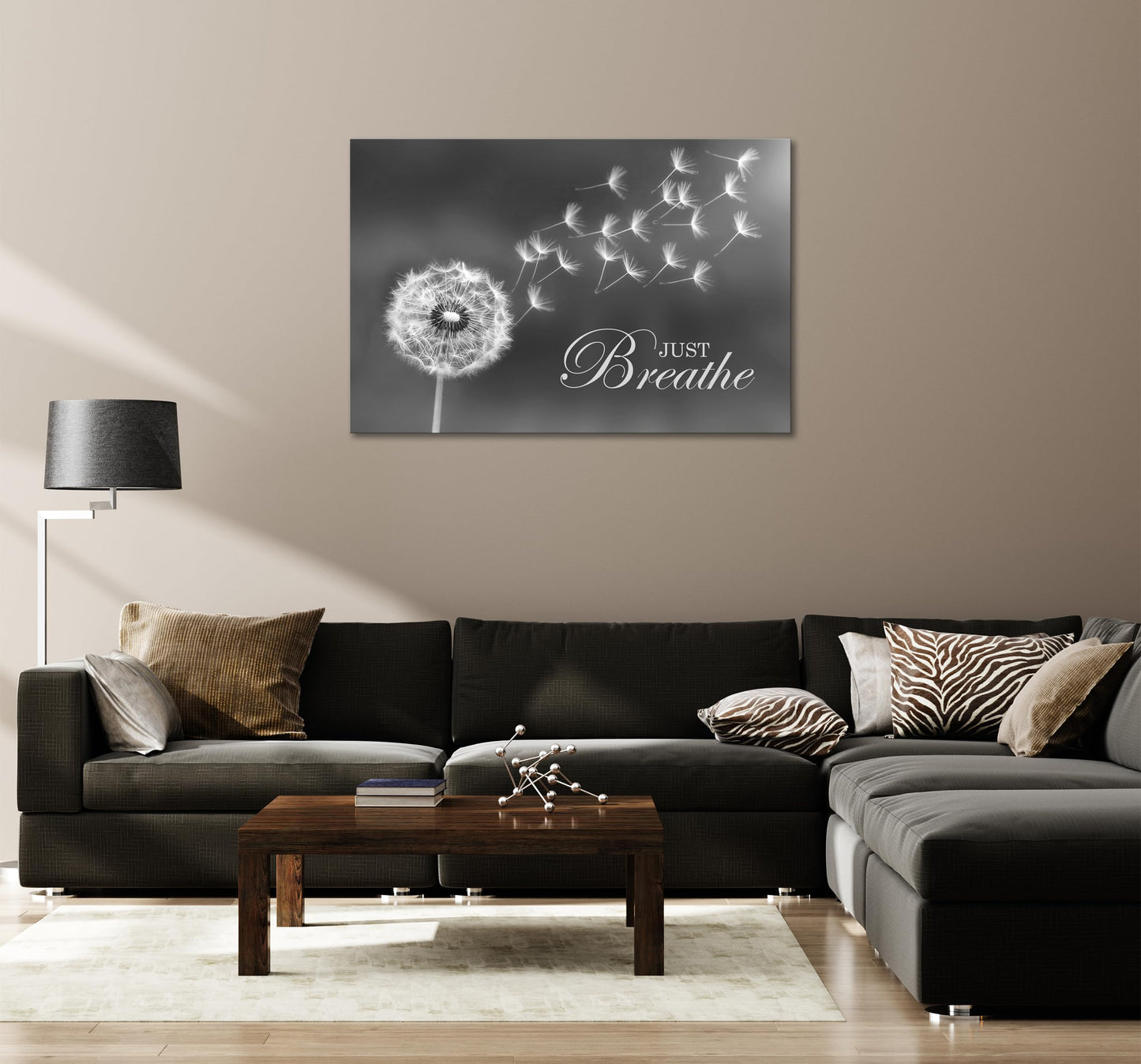 SKASNFAI Black and White Dandelion Zen Wall Art Canvas Just Breathe Motivation Positive Picture Art Print for Spa Yoga Meditation Wall Decor Ready to Hang (12L x 16W)
