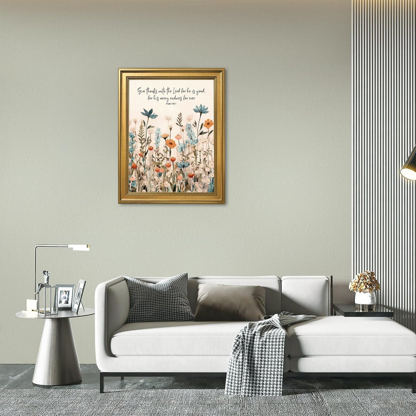 Framed Christian Scripture Wall Art Painting Give Thanks to the Lord Psalm 1361 Floral Print Inspirational Bible Verse Picture Poster Wildflower Faith Decor Canvas Artwork for Home Office 12x16inch