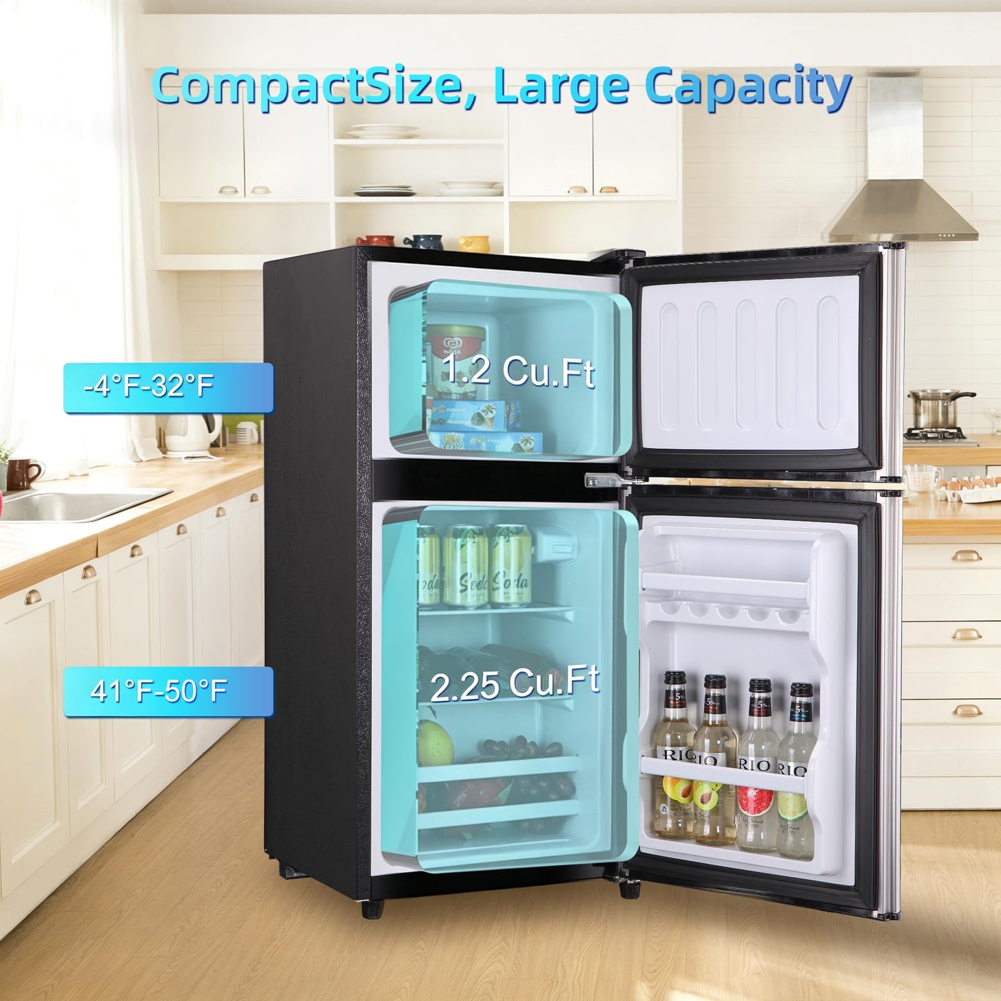 Borcolo Dorm Fridge with Freezer, Small Refrigerator 3.45 Cu. Ft. with Freezer for Apartment, 7-Level Temperature Adjustable Apartment Size Fridge for Kichen, College, Office, Silver