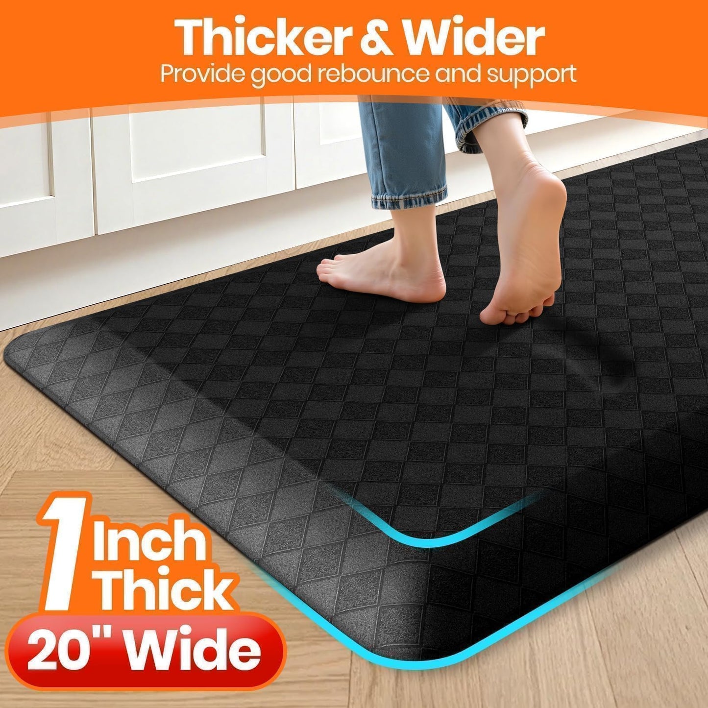 StepRite 1” Thick Kitchen Mats for Floor, Anti Fatigue Kitchen Rugs, Non-Slip,Heavy Duty Water Resistant Kitchen Rug, Standing Desk Mat for Friends, Family, Home, Kitchen, Office (32" x 20", Black)